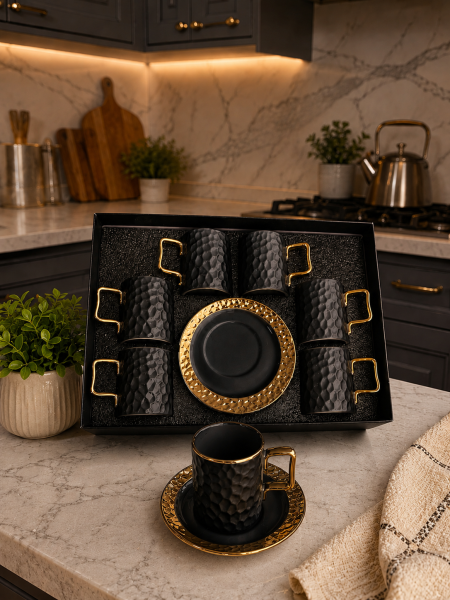 فناجين قهوة محجر اسود مع ذهبي /6+6